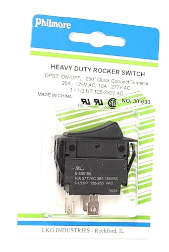 Philmore Rocker Switch, DPST On/Off, 20 Amp, 4 Quick Connect Terminals, 1.45" x 0.83" Hole