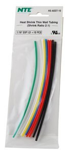NTE Electronics HS-ASST-10 Thin Wall Heat Shrink Tubing Kit, Assorted Colors, 6" Length, 1/16" Dia., 10 Pieces