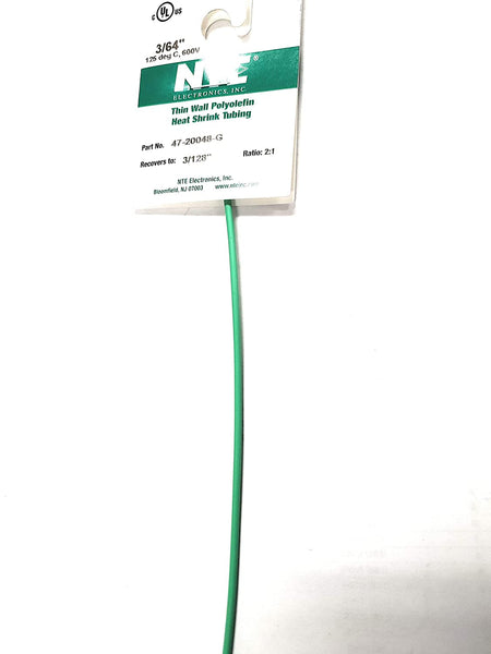 NTE Electronics 47-20048-G Heat Shrink Tubing, Thin Wall, 2:1 Shrink Ratio, 3/64" Diameter, 48" Length, Green