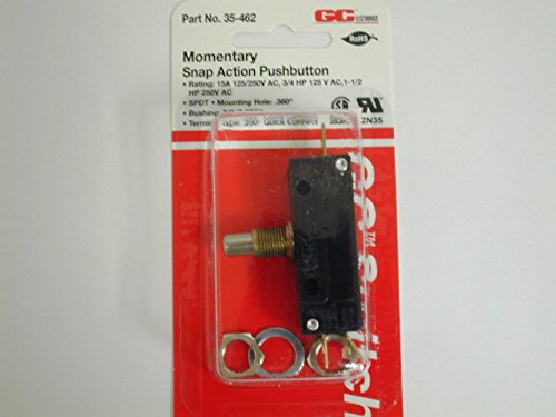 GC Electronics 35-462 Momentary Snap Action Pushbutton Switch, SPDT, 15A 125/250VAC, .380 Mounting Hole, .250QC Terminals