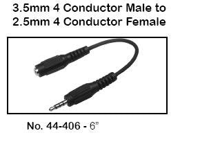 44-406 Cable Adapter 3.5mm 4 Conductor Male to 2.5mm 4 Conductor Female 6in.