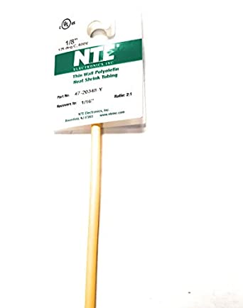 NTE Electronics 47-20348-Y Heat Shrink Tubing, Thin Wall, 2:1 Shrink Ratio, 1/8" Diameter, 48" Length, Yellow
